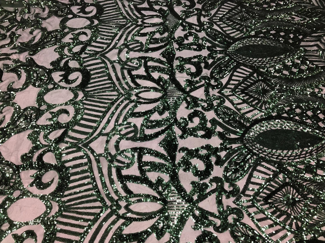 Royalty Damask Sequins Fabric - Hunter Green - Fancy Royal Lace Design 4 Way Stretch Sequins By Yard