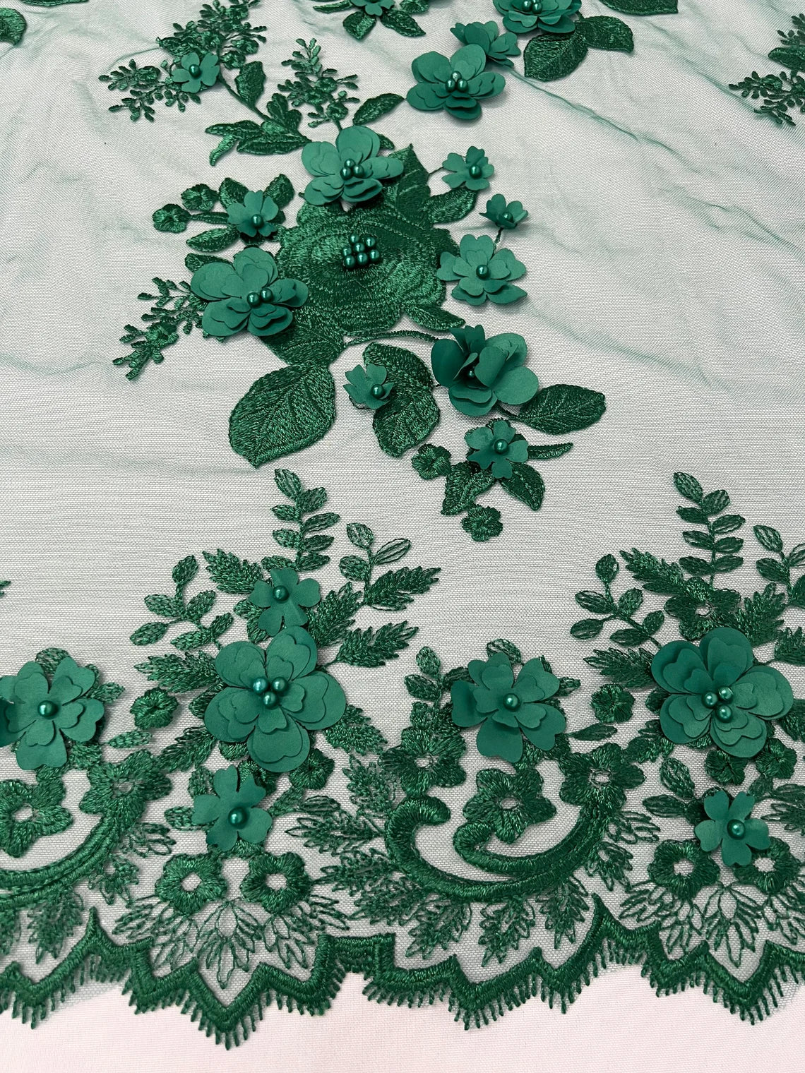 3D Flower Panels Fabric - Hunter Green - Flower Panels Bead Embroidered on Lace Fabric Sold By Yard