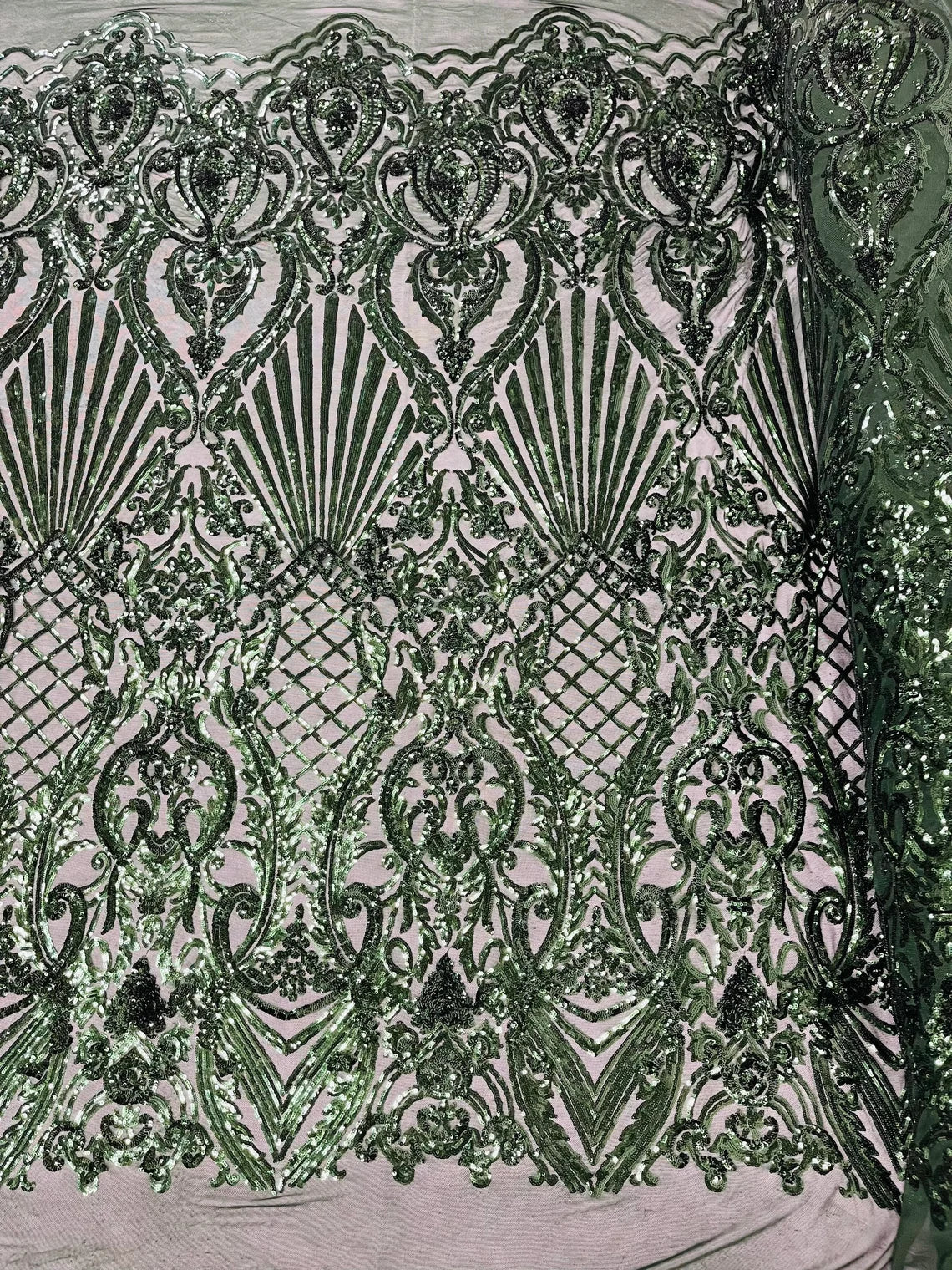 Seashell Geometric Sequins - Hunter Green - Embroidered Sequins on 4 Way Stretch Lace Mesh Sold By Yard