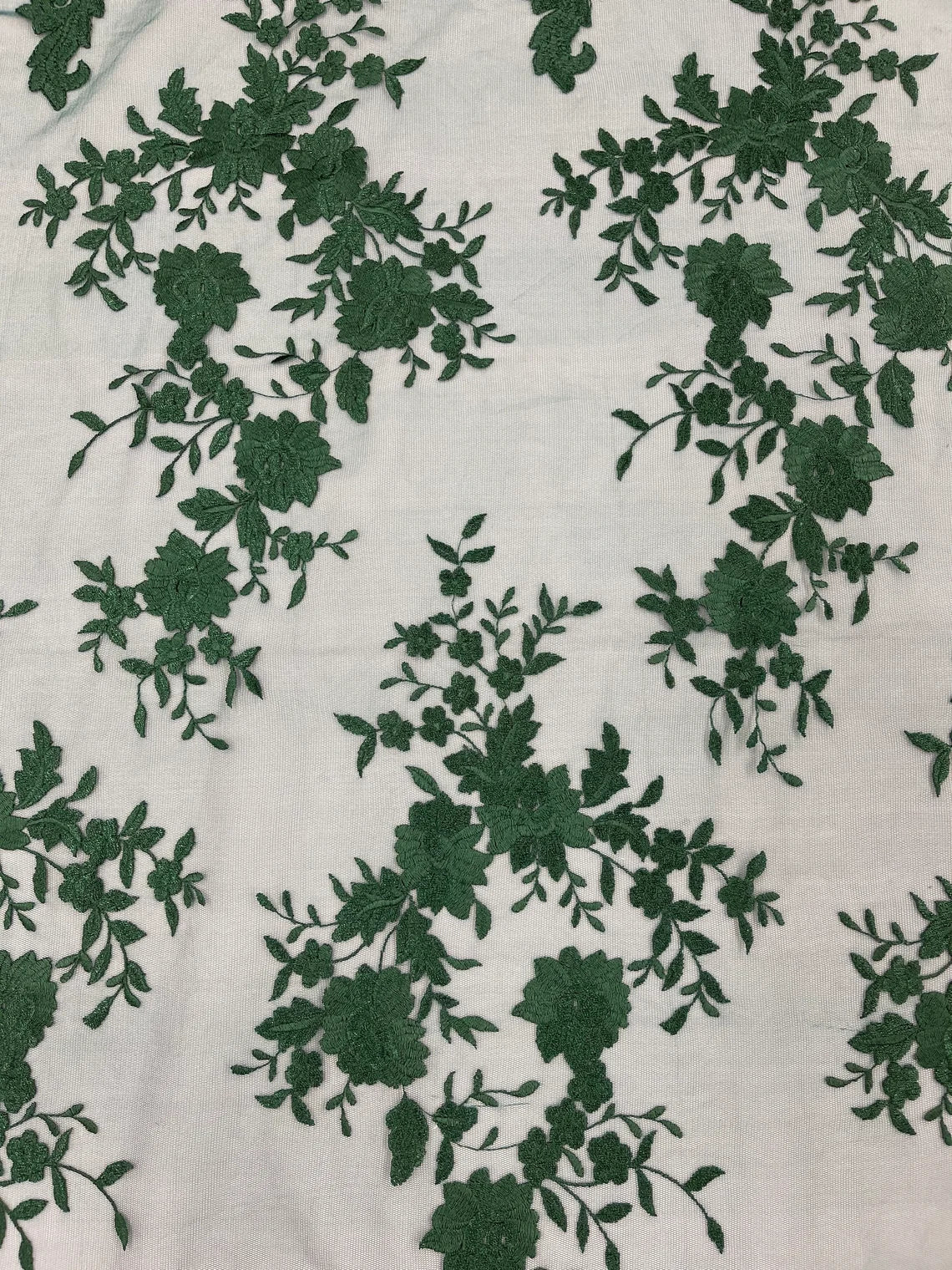 Damask Design Lace Fabric - Hunter Green - Embroidered Damask Fancy Beautiful Design Lace Fabric By Yard