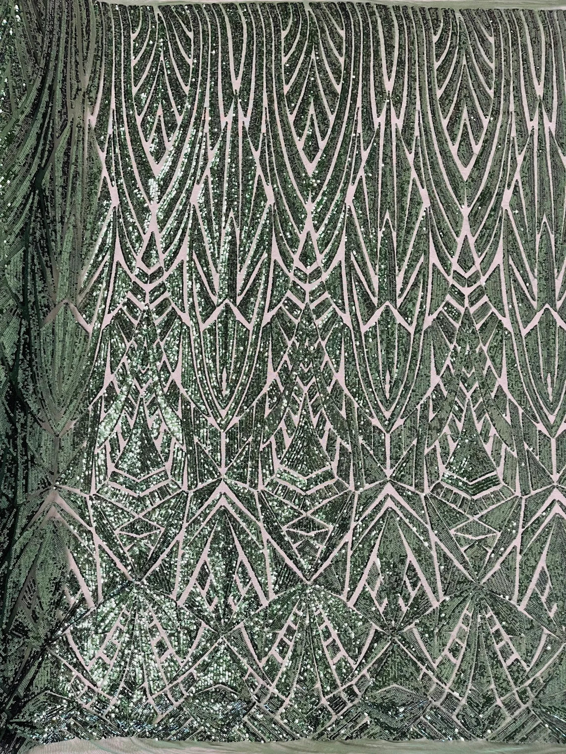 Geometric Triangle Lines Sequins - Hunter Green - 4 Way Stretch Geometric Design Sequins By Yard