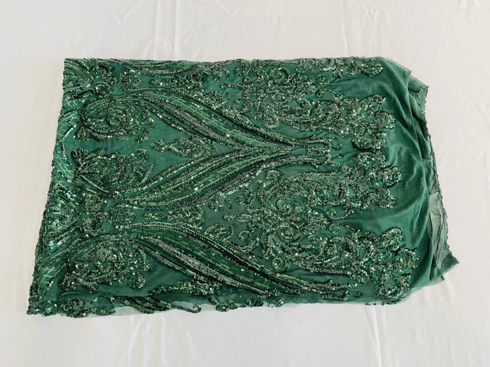 Big Damask 4 Way Sequins - Hunter Green - Embroidered Damask Design Sequins Fabric Sold By Yard