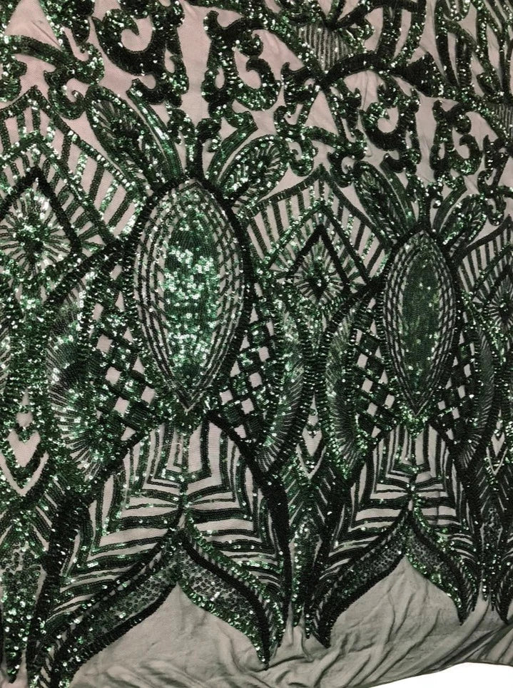 Royalty Damask Sequins Fabric - Hunter Green - Fancy Royal Lace Design 4 Way Stretch Sequins By Yard