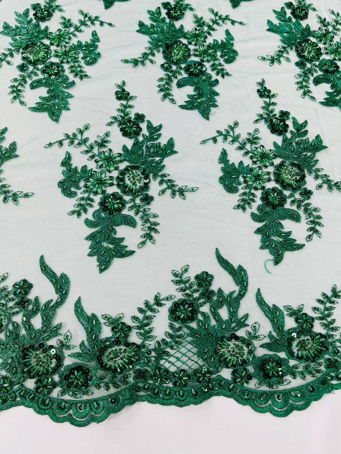 Floral Leaf Bead Sequins Fabric - Hunter Green - Embroidered Flower and Leaves Design Fabric By Yard