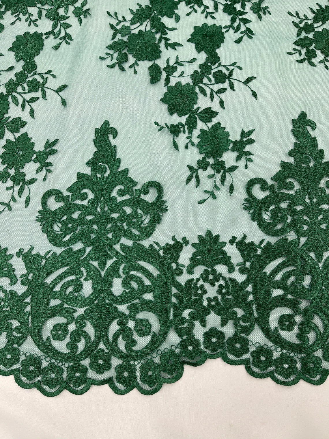 Damask Design Lace Fabric - Hunter Green - Embroidered Damask Fancy Beautiful Design Lace Fabric By Yard