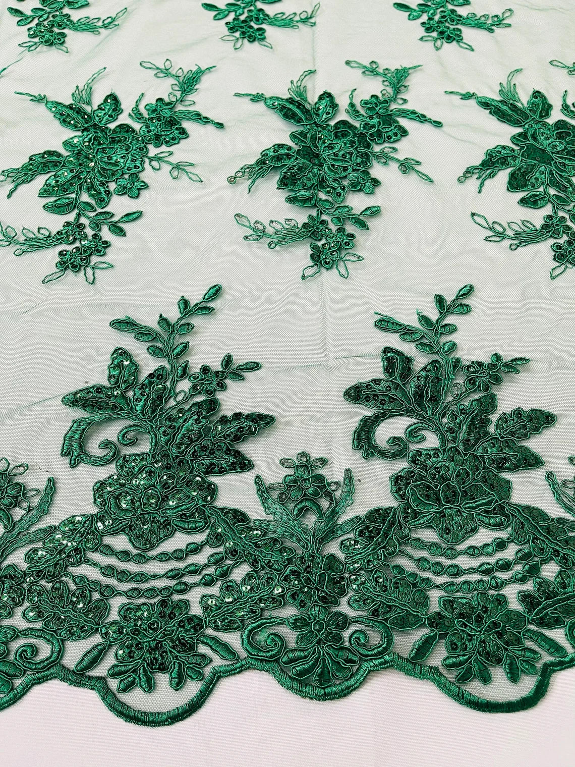 Flower Lace Sequins Fabric - Hunter Green - Floral Pattern Sequins Embroidered Fabric By Yard