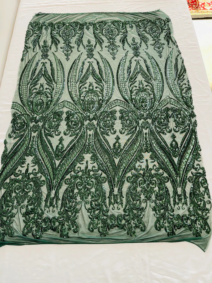 Big Damask 4 Way Sequins - Hunter Green - Embroidered Damask Design Sequins Fabric Sold By Yard