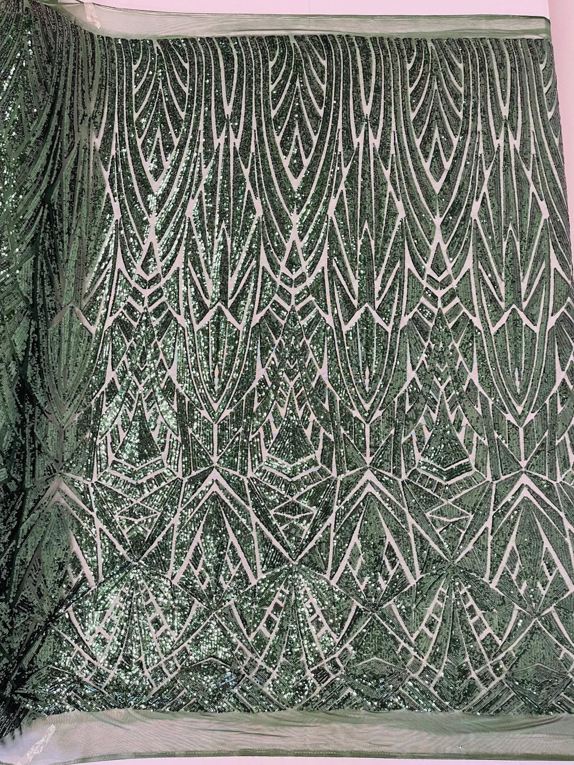 Geometric Triangle Lines Sequins - Hunter Green - 4 Way Stretch Geometric Design Sequins By Yard