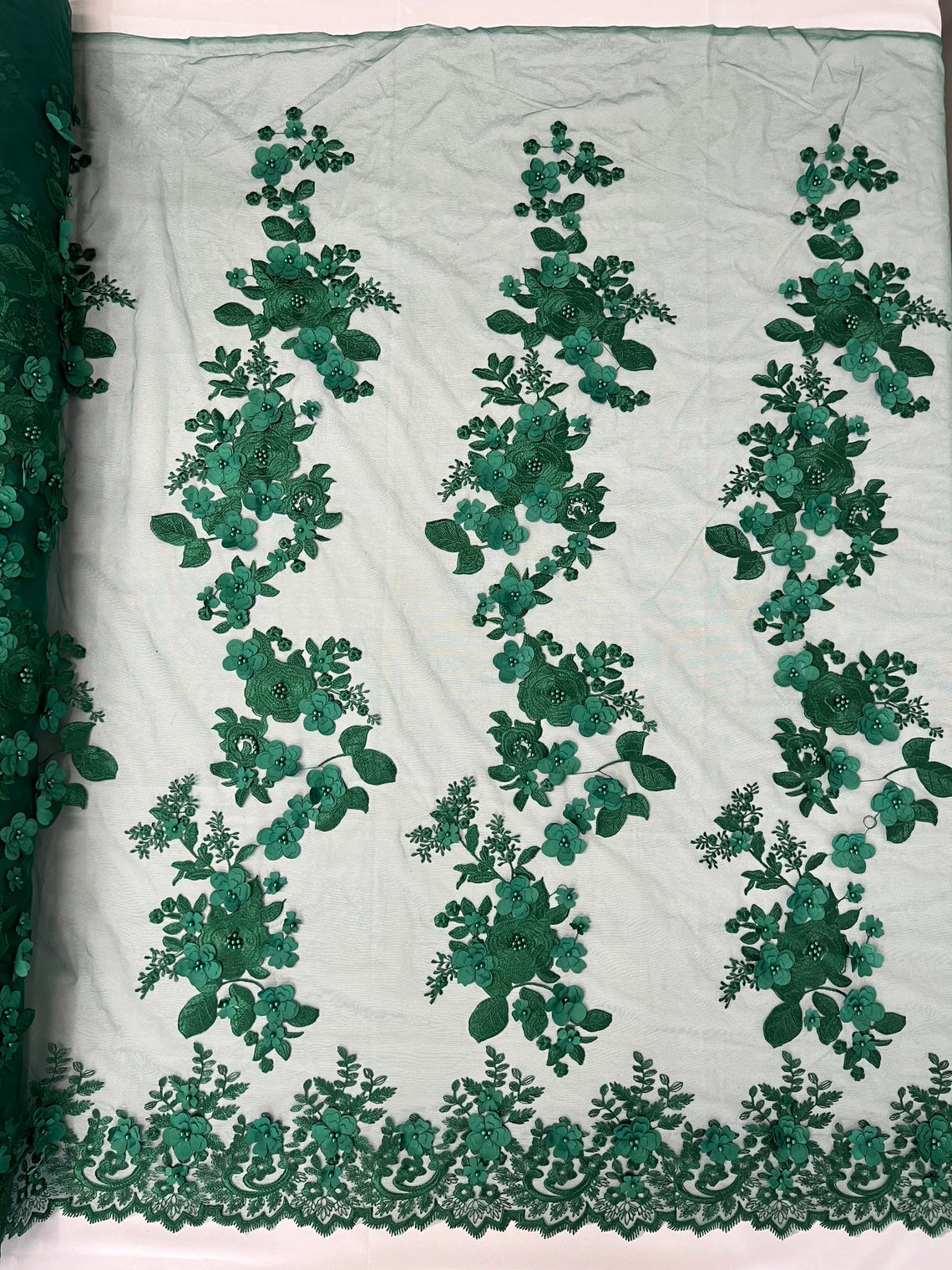 3D Flower Panels Fabric - Hunter Green - Flower Panels Bead Embroidered on Lace Fabric Sold By Yard
