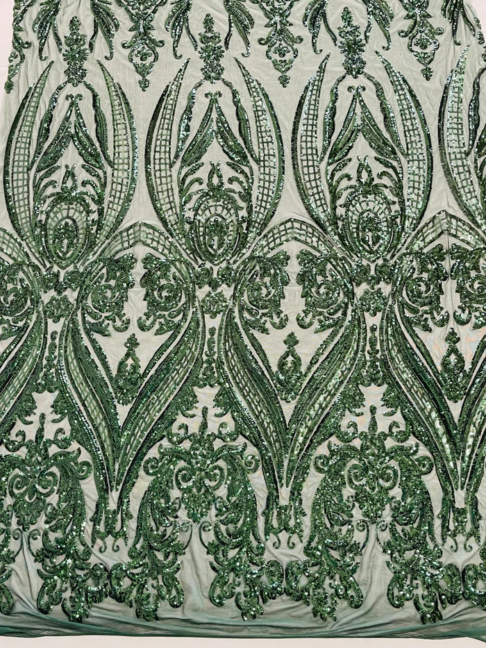 Big Damask 4 Way Sequins - Hunter Green - Embroidered Damask Design Sequins Fabric Sold By Yard