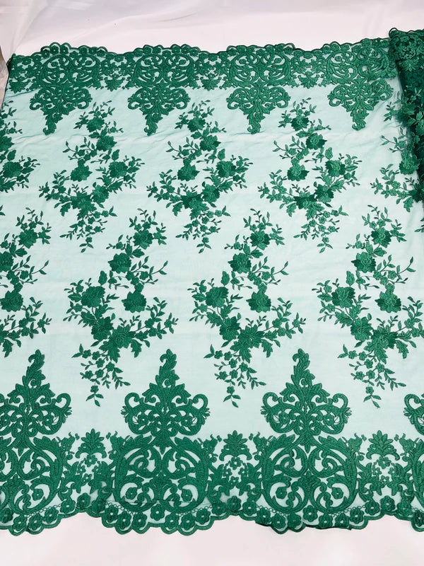 Damask Design Lace Fabric - Hunter Green - Embroidered Damask Fancy Beautiful Design Lace Fabric By Yard