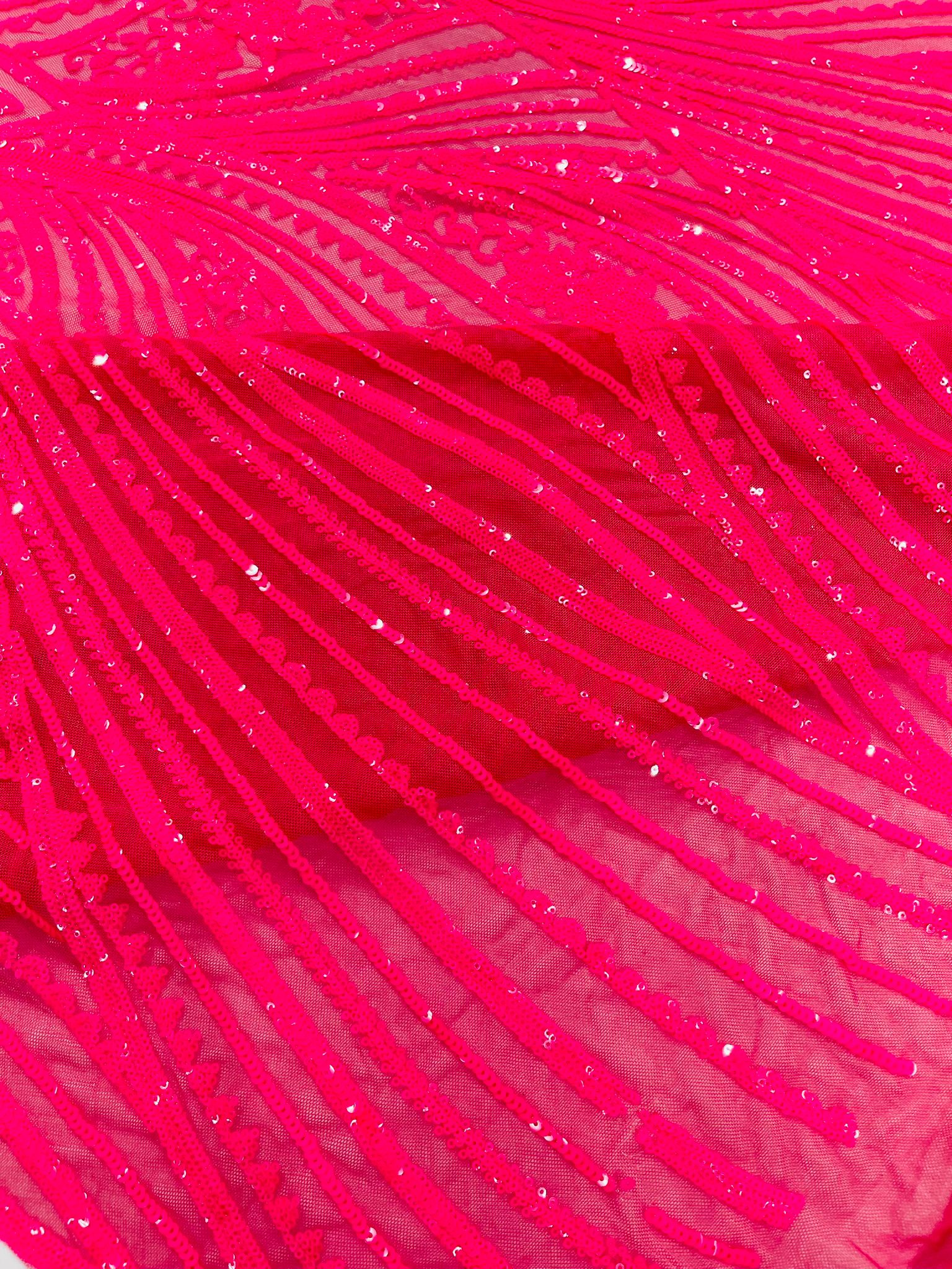 Geometric Feather wing shiny sequin design on a 4 way stretch mesh Fabric-prom-sold by the yard.