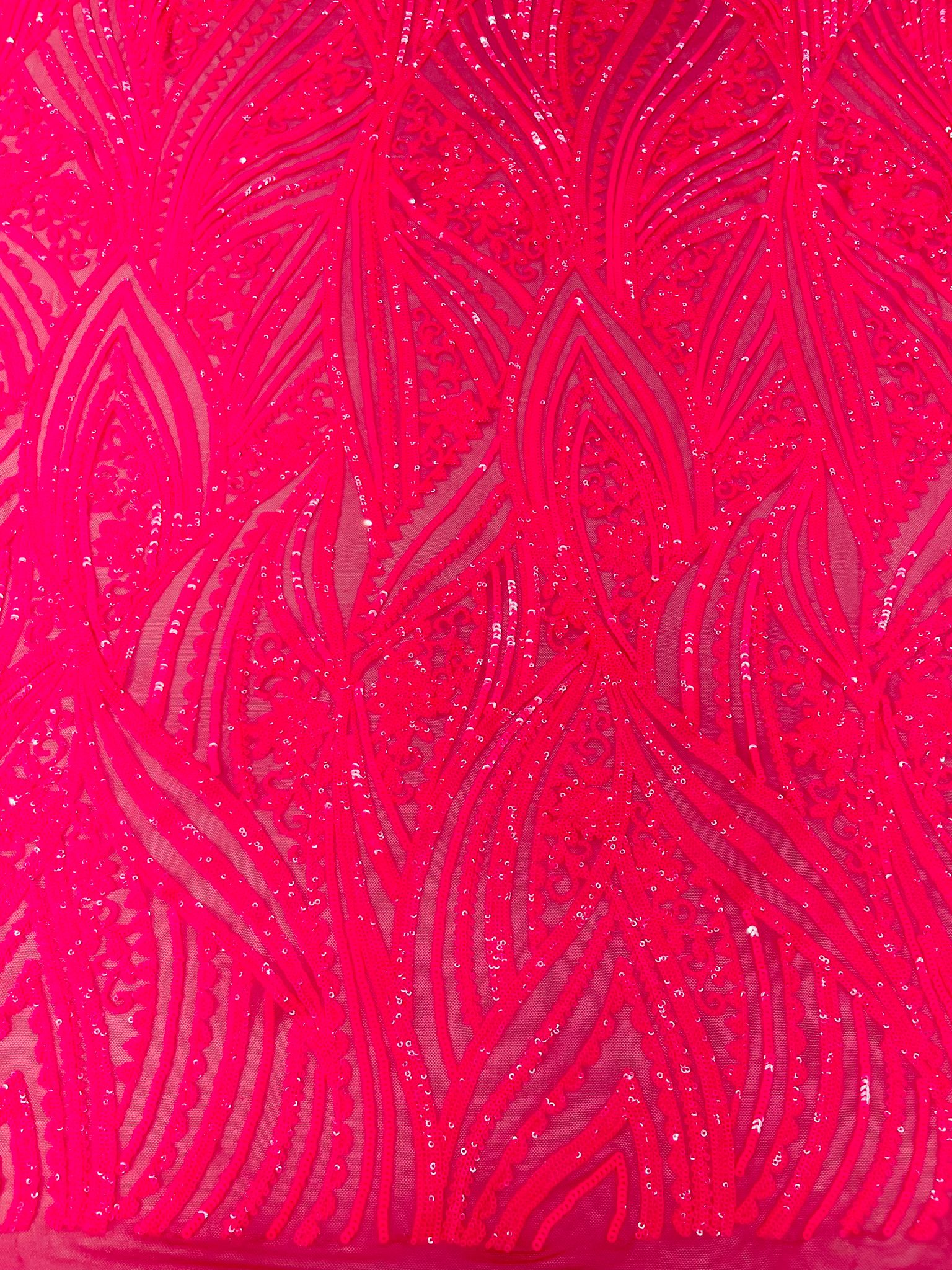 Geometric Feather wing shiny sequin design on a 4 way stretch mesh Fabric-prom-sold by the yard.