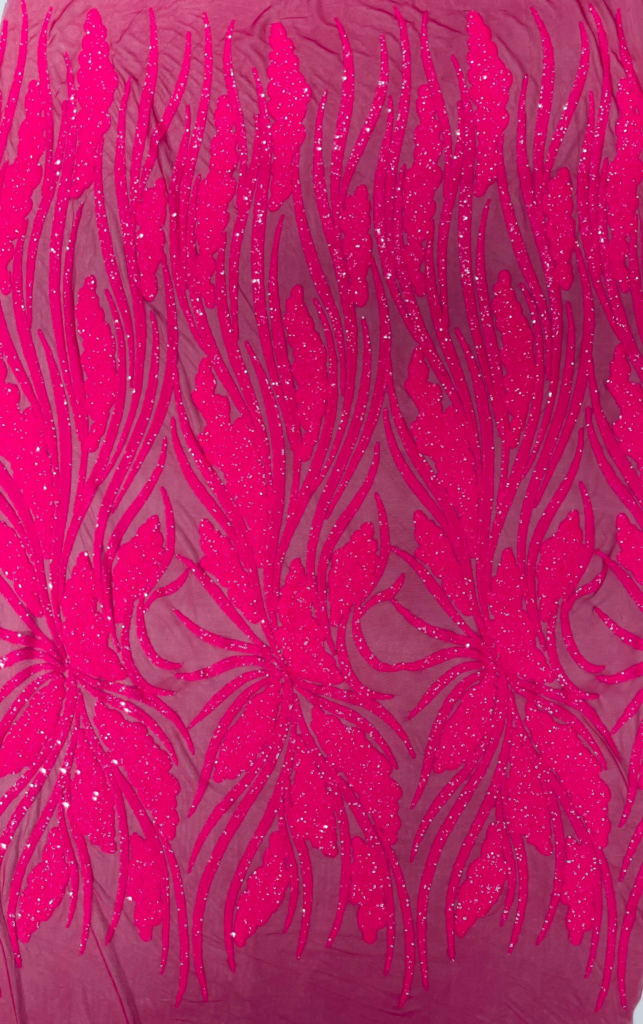 Feather damask shiny sequin design on a 4 way stretch White mesh Fabric-prom-sold by the yard.