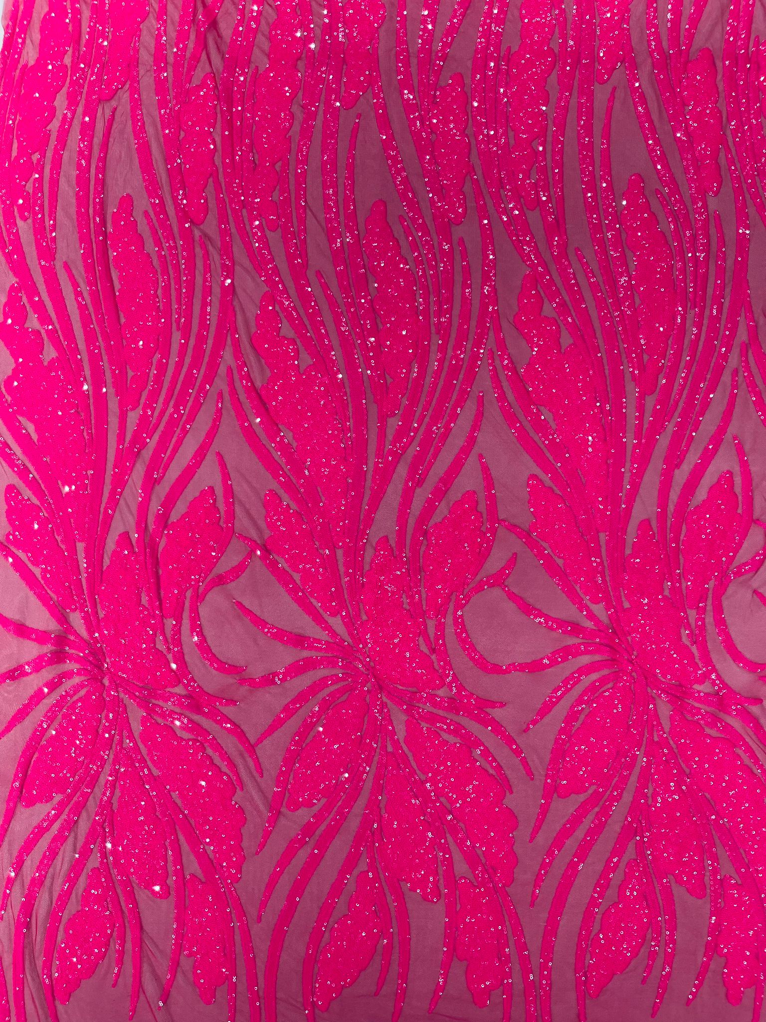 Feather damask shiny sequin design on a 4 way stretch White mesh Fabric-prom-sold by the yard.