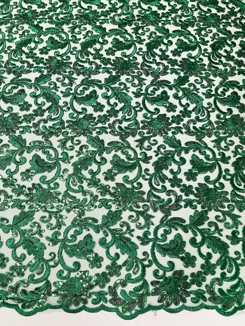 Flower Lace Sequins Corded Fabric - Hunter Green - Embroidery Floral Design Lace Fabric By Yard