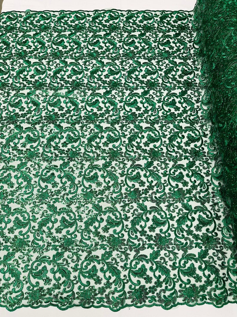 Flower Lace Sequins Corded Fabric - Hunter Green - Embroidery Floral Design Lace Fabric By Yard