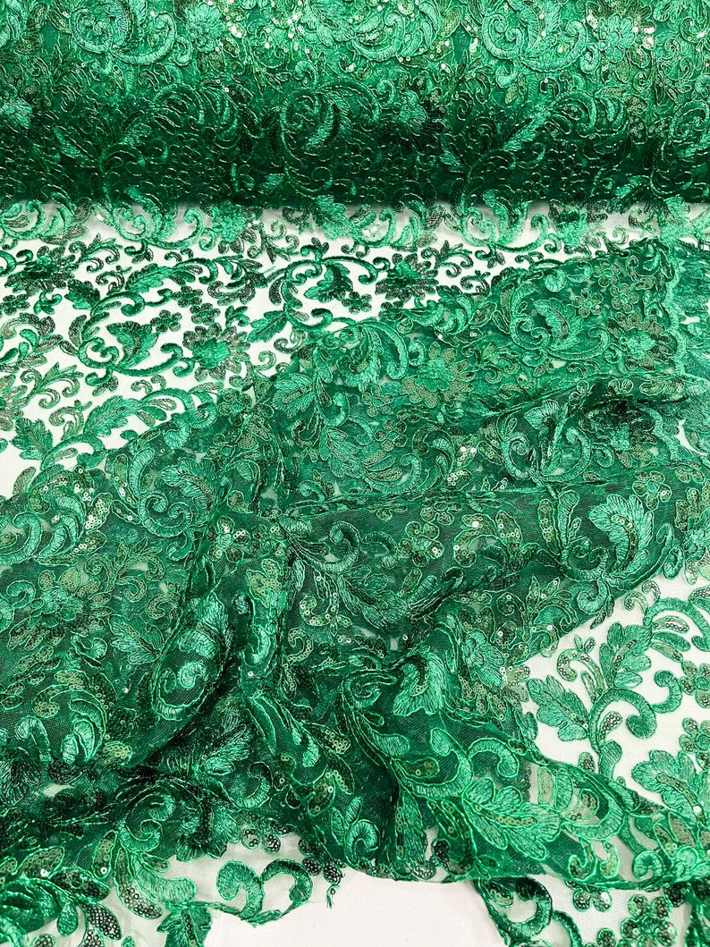 Flower Lace Sequins Corded Fabric - Hunter Green - Embroidery Floral Design Lace Fabric By Yard