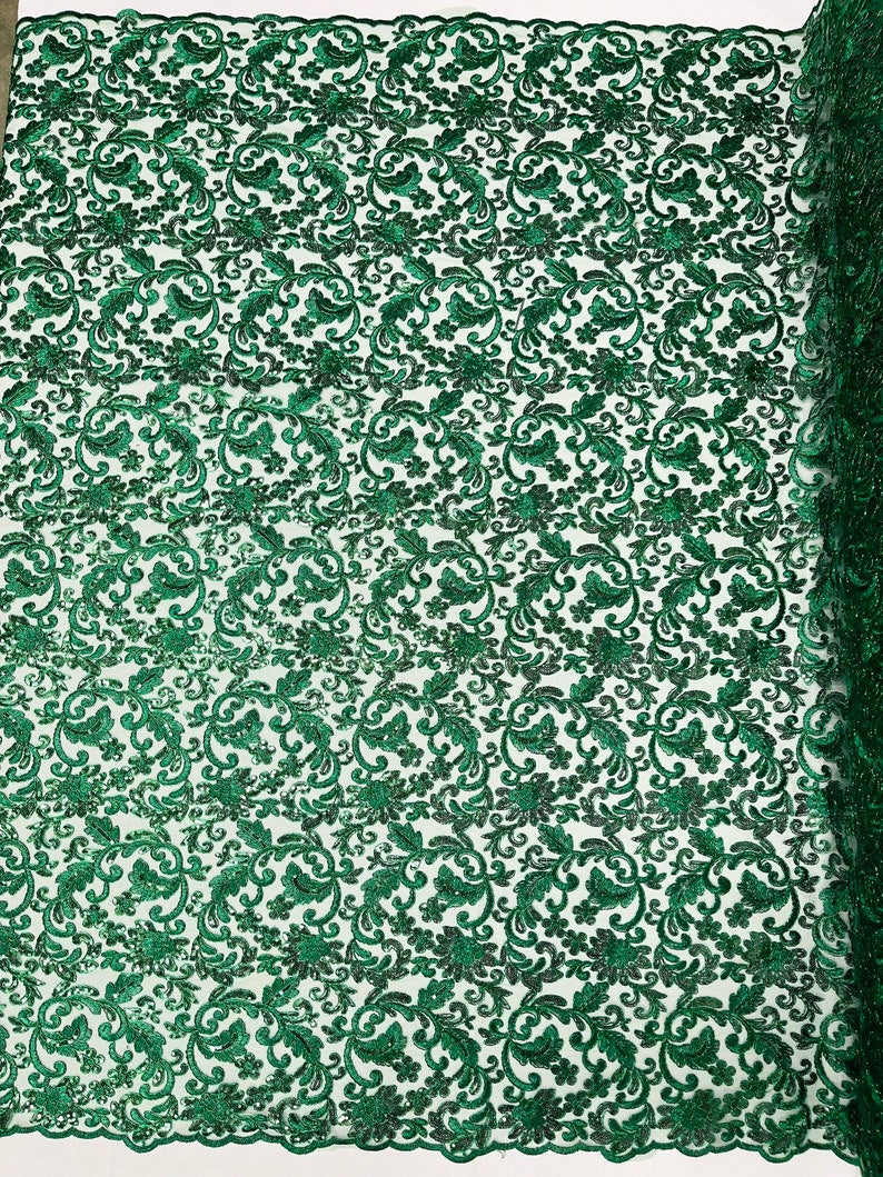 Flower Lace Sequins Corded Fabric - Hunter Green - Embroidery Floral Design Lace Fabric By Yard