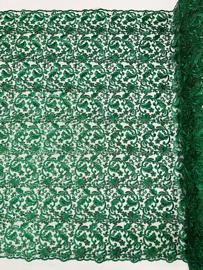 Flower Lace Sequins Corded Fabric - Hunter Green - Embroidery Floral Design Lace Fabric By Yard