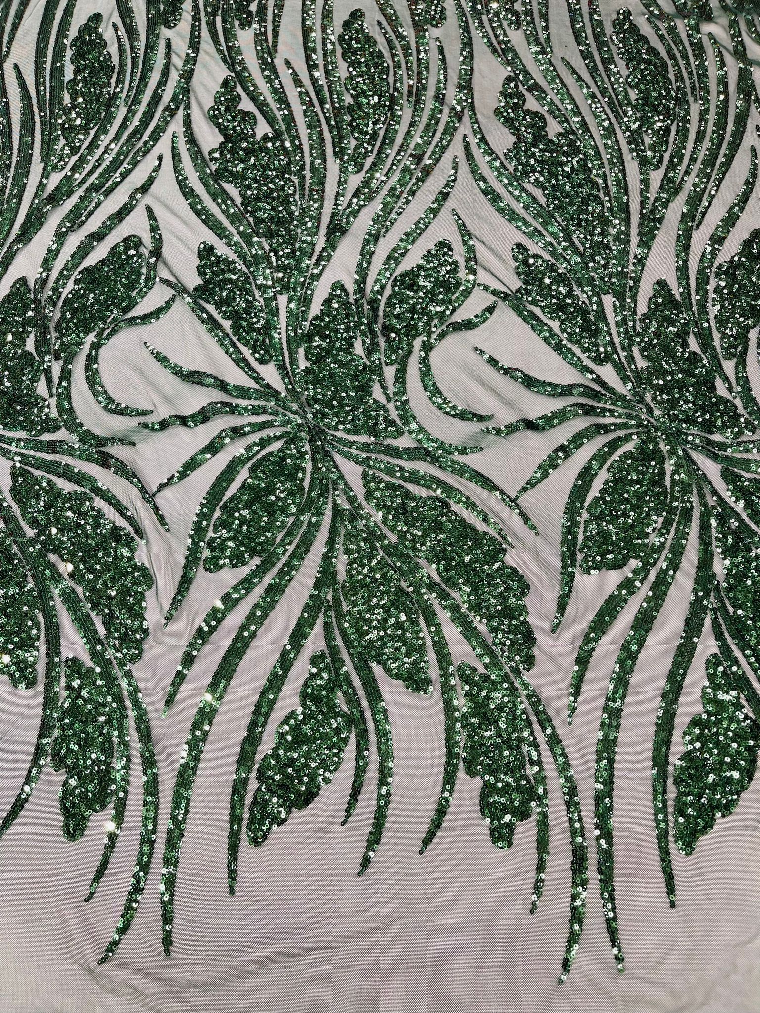 Feather damask shiny sequin design on a 4 way stretch White mesh Fabric-prom-sold by the yard.