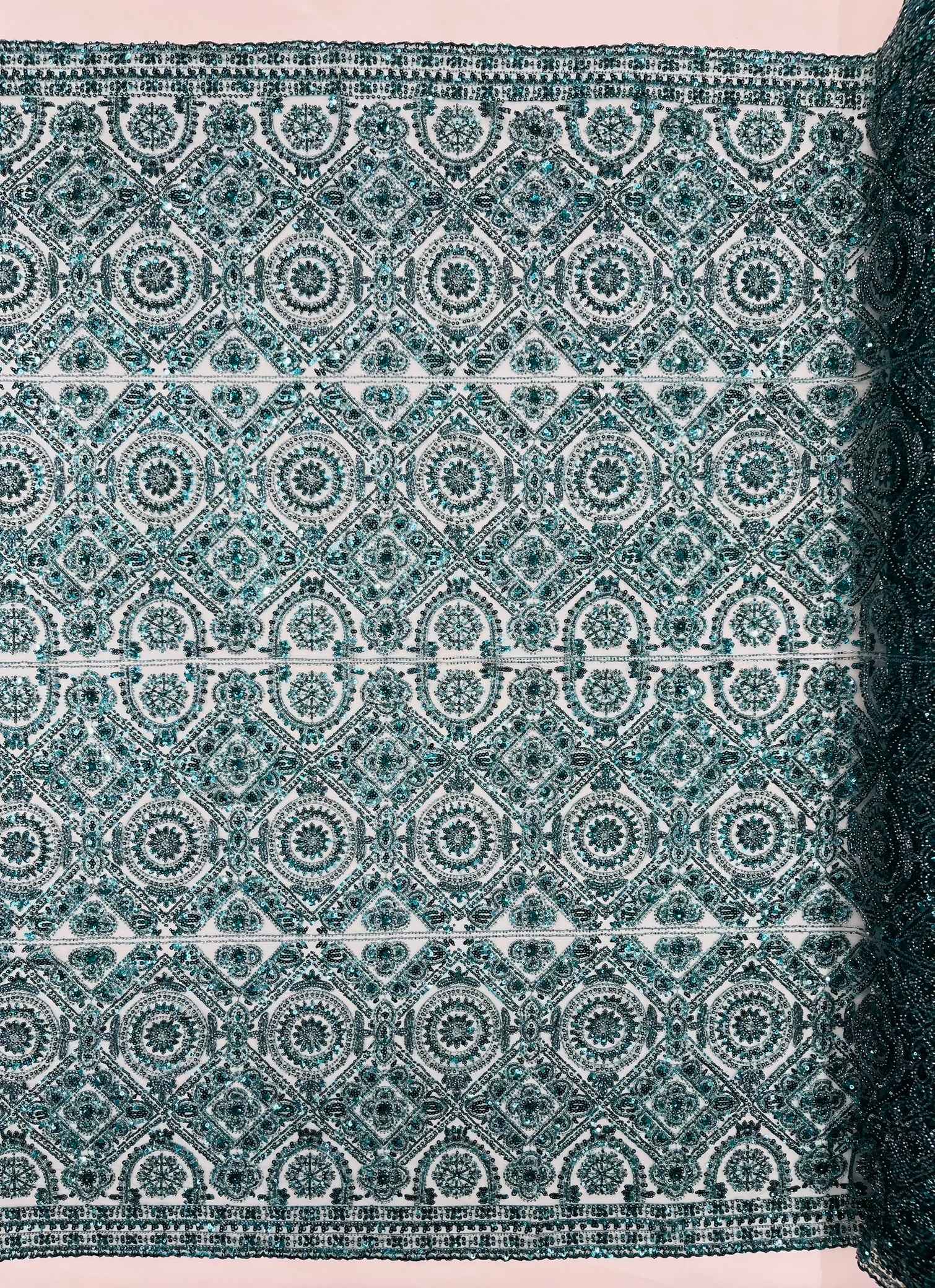 Geometric Beaded Lace Fabric, Heavy Embroidered Design on 58" Mesh for Dresses