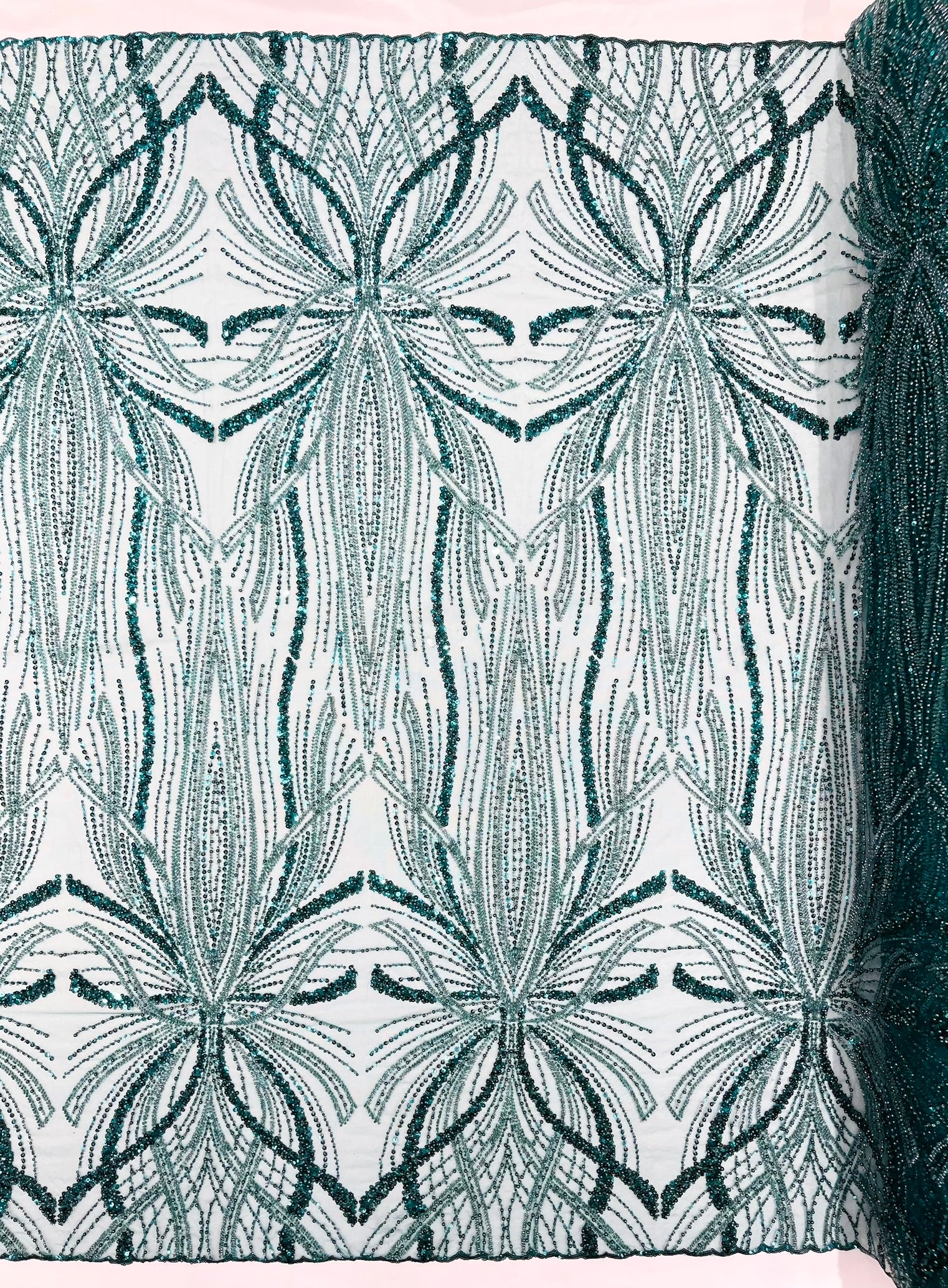 Palm Beaded Lace Fabric, Heavy Embroidered Design on 58" Mesh for Dresses