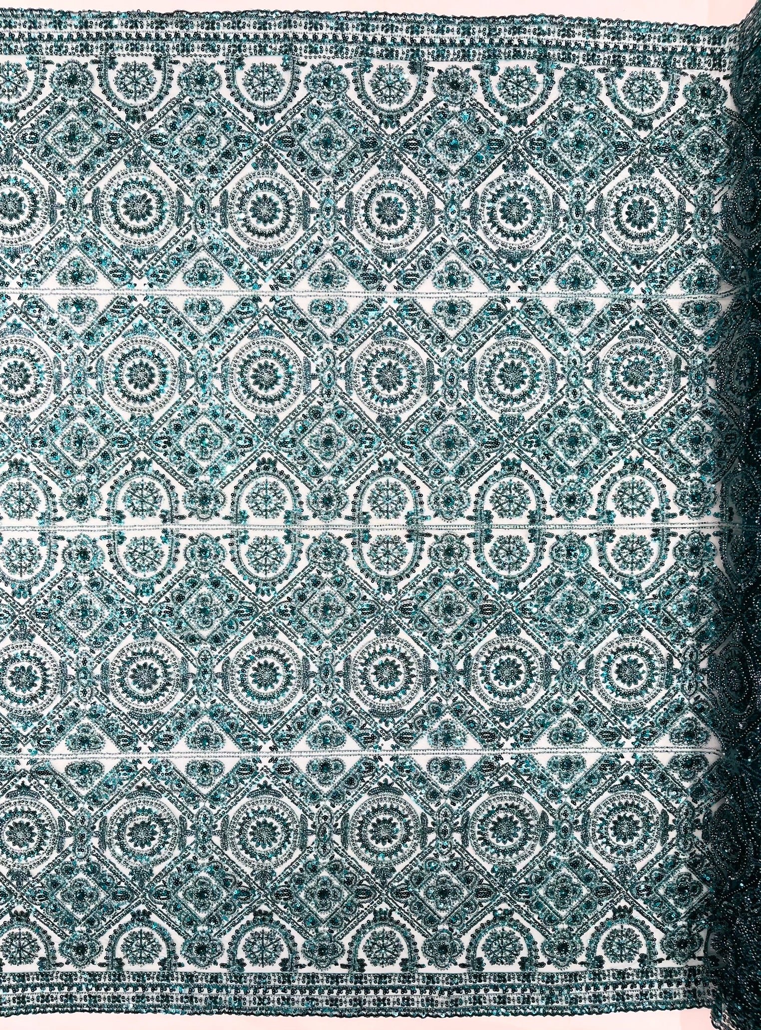 Geometric Beaded Lace Fabric, Heavy Embroidered Design on 58" Mesh for Dresses