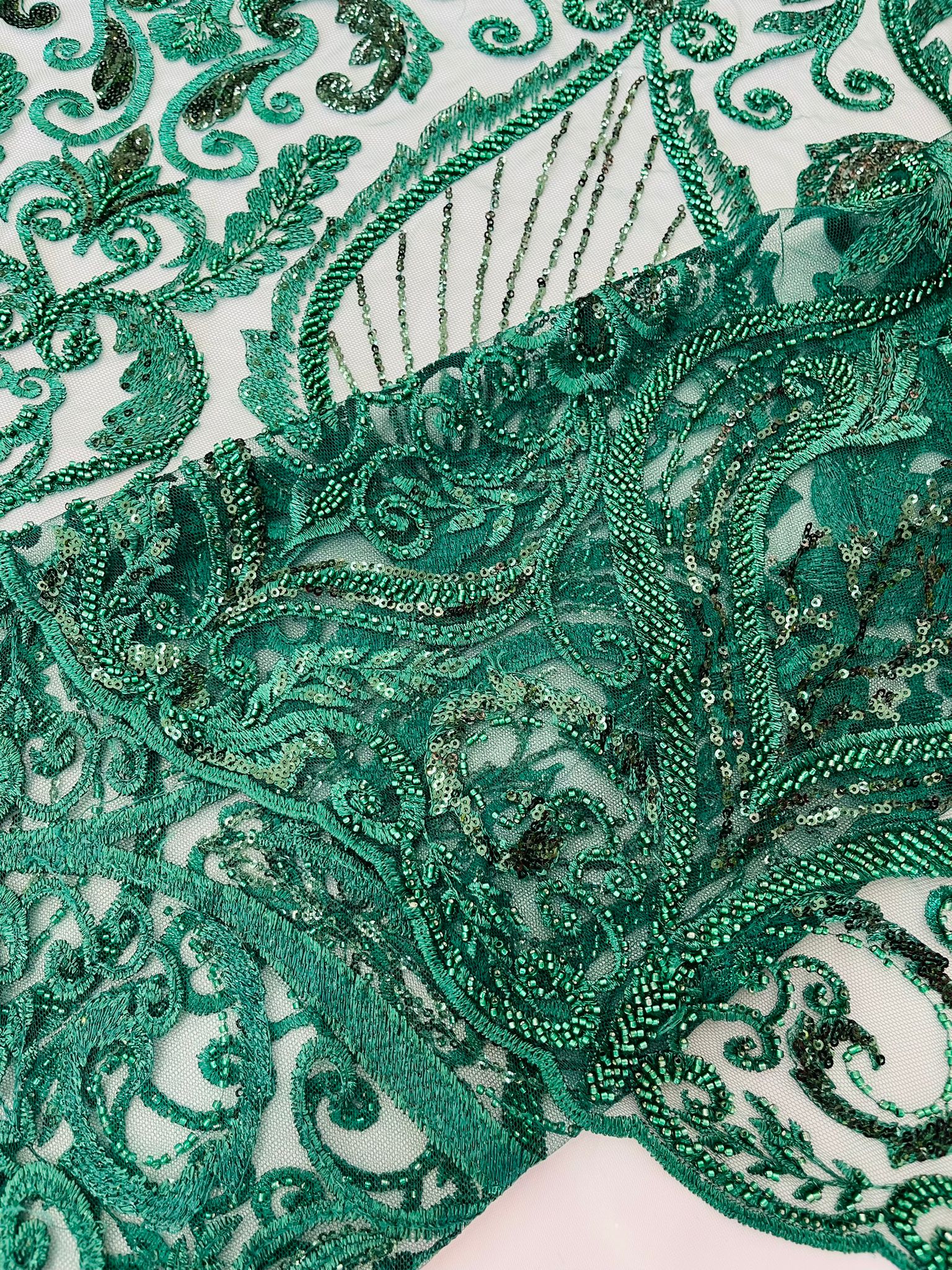 Hunter Green Floral damask embroider and heavy beaded on a mesh lace f