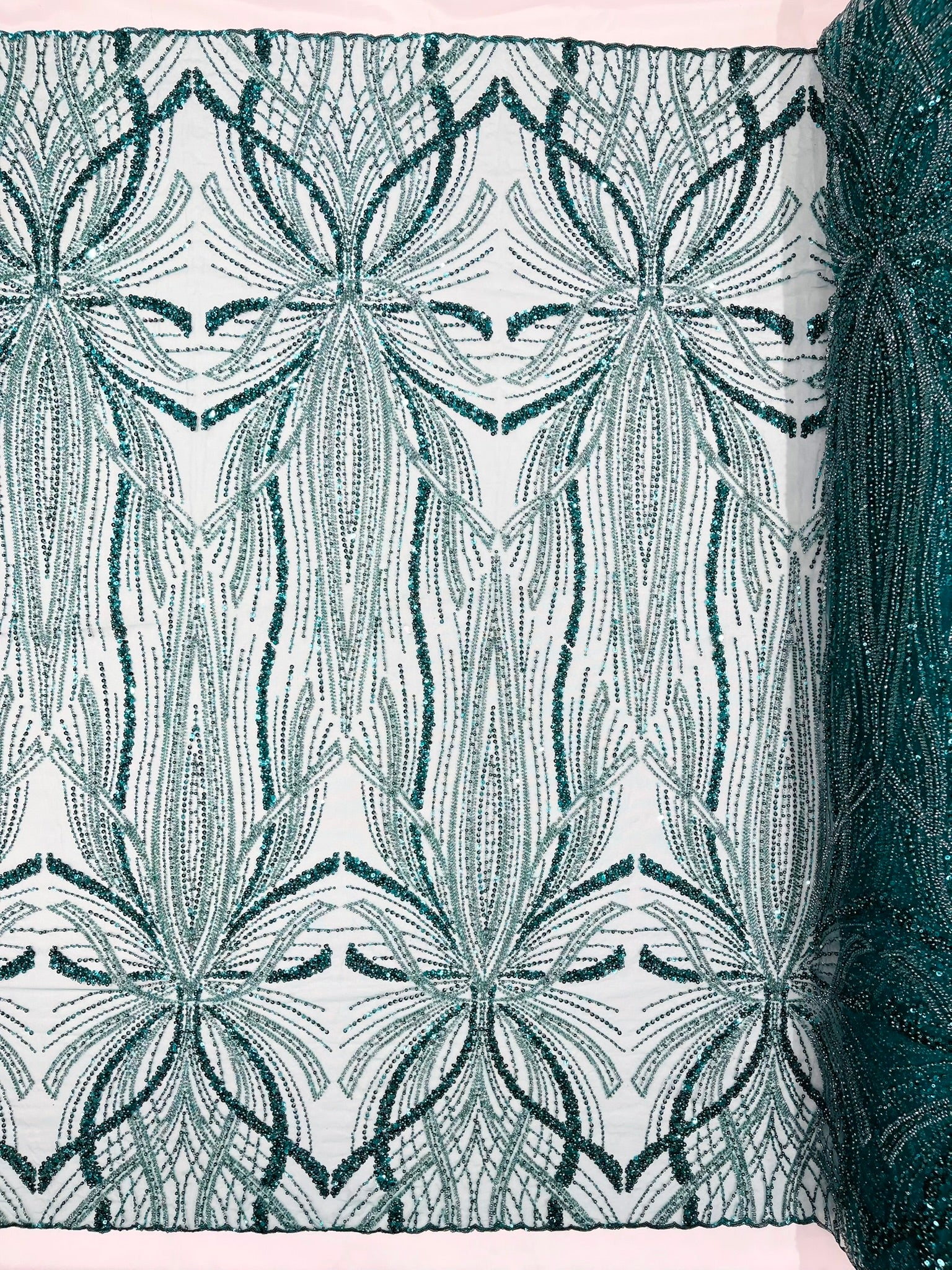Palm Beaded Lace Fabric, Heavy Embroidered Design on 58" Mesh for Dresses