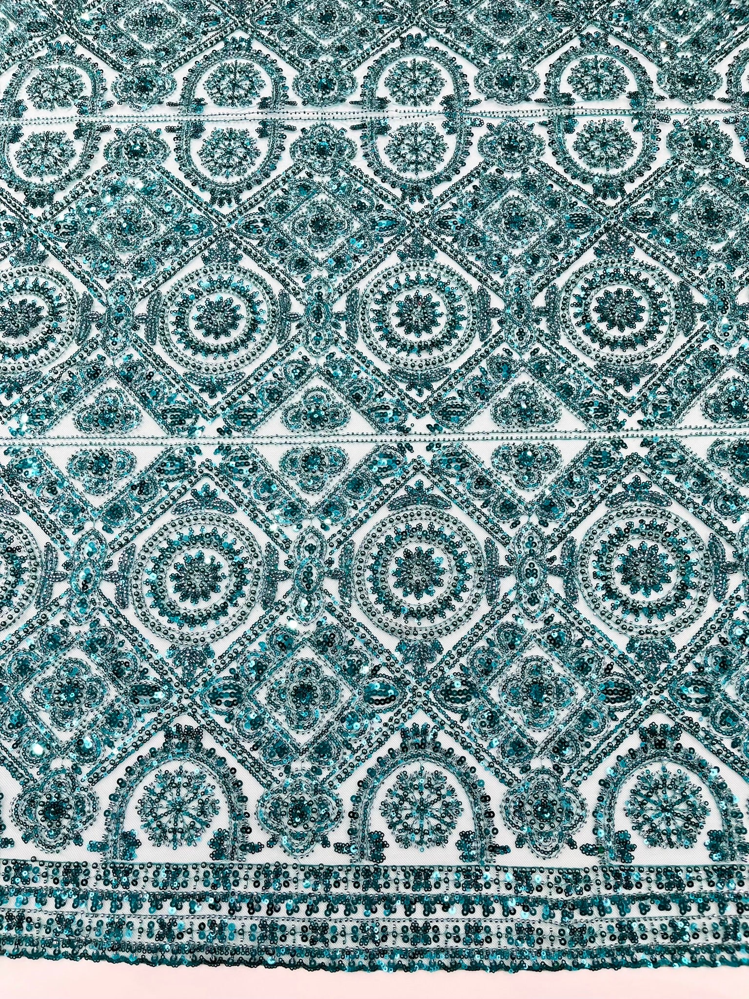 Geometric Beaded Lace Fabric, Heavy Embroidered Design on 58" Mesh for Dresses