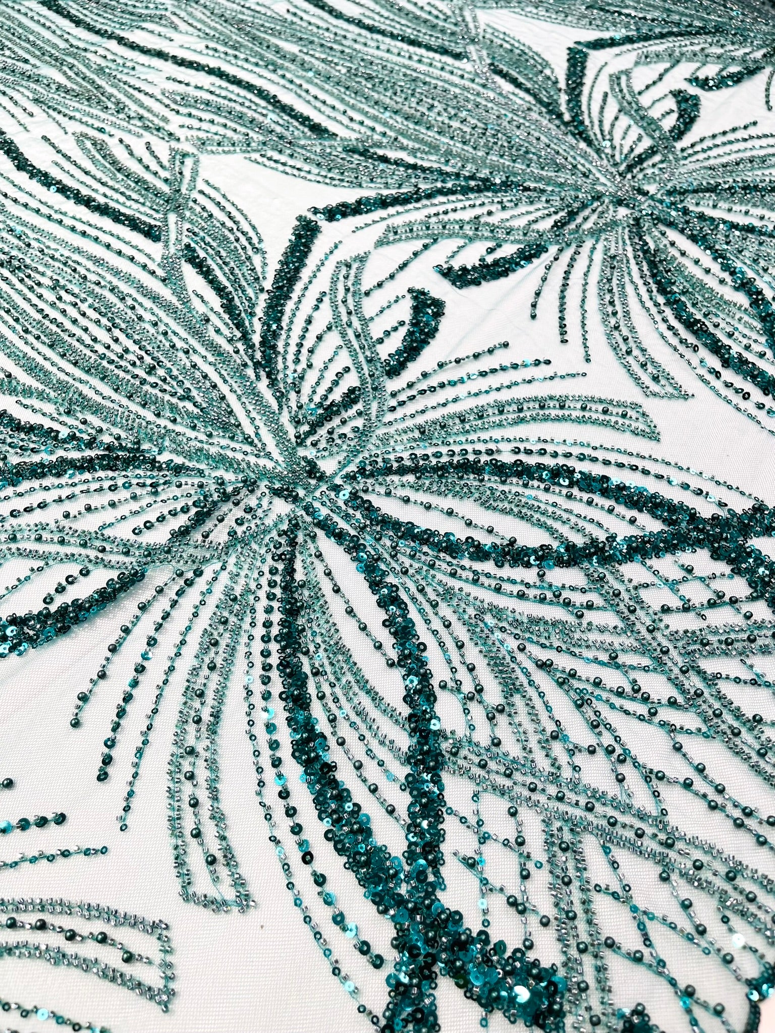 Palm Beaded Lace Fabric, Heavy Embroidered Design on 58" Mesh for Dresses