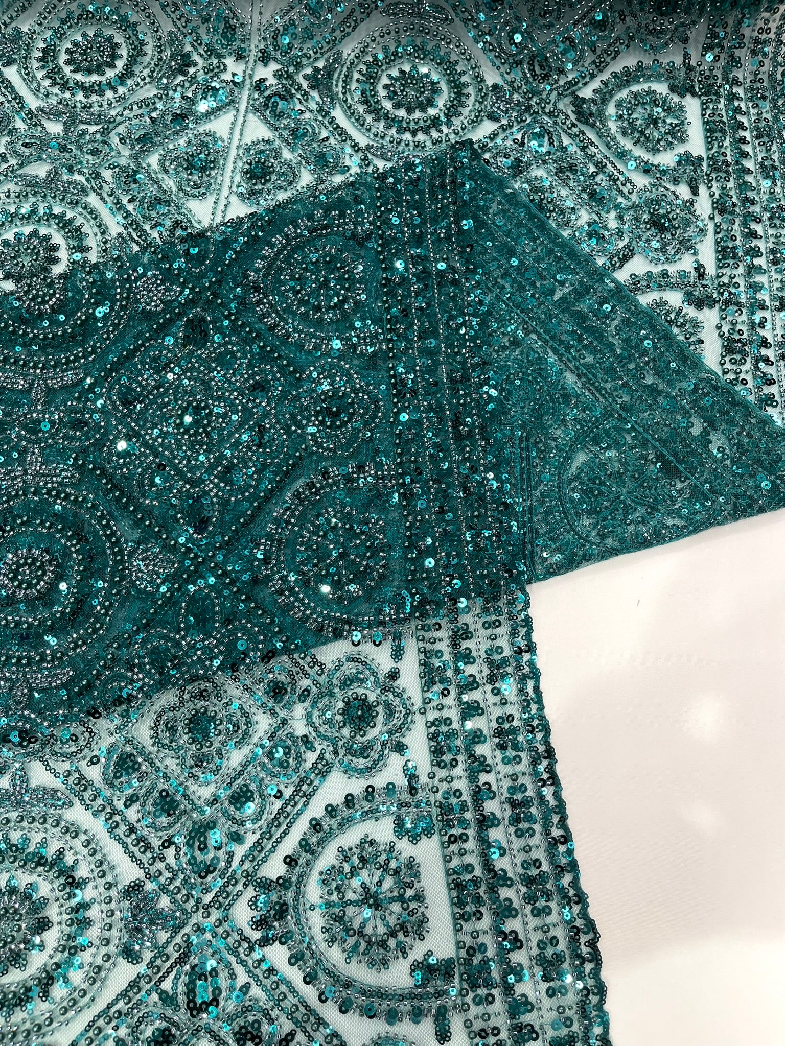 Geometric Beaded Lace Fabric, Heavy Embroidered Design on 58" Mesh for Dresses
