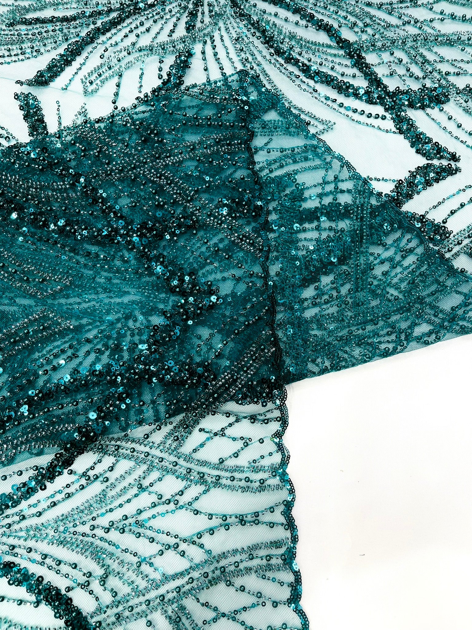 Palm Beaded Lace Fabric, Heavy Embroidered Design on 58" Mesh for Dresses