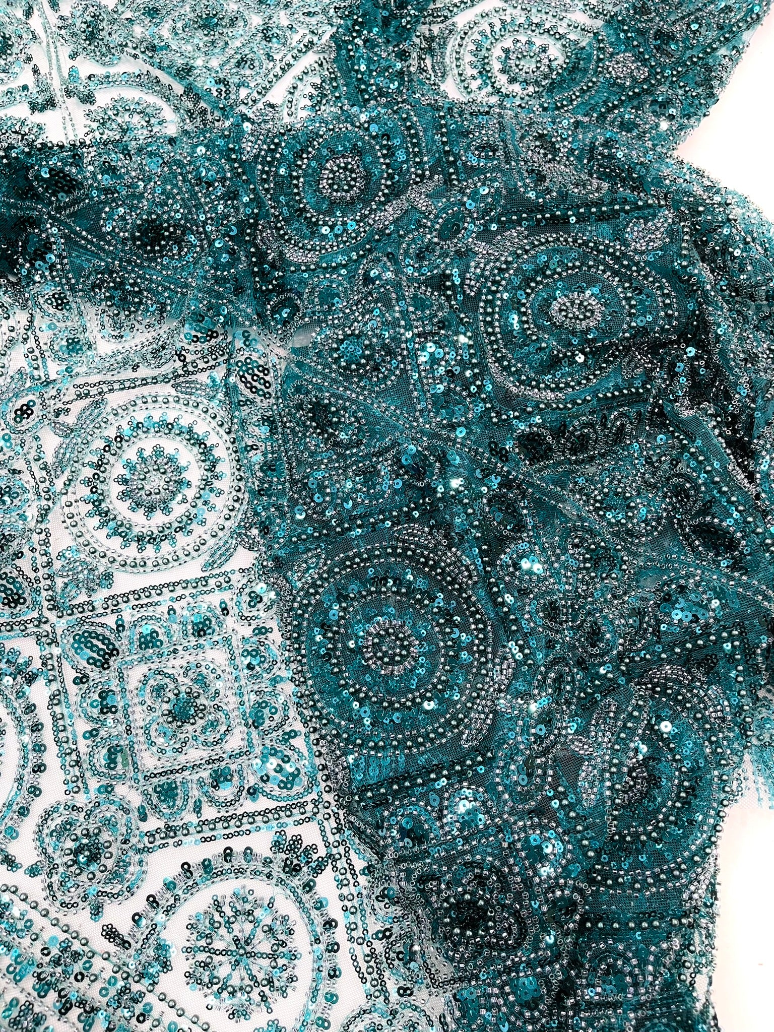 Geometric Beaded Lace Fabric, Heavy Embroidered Design on 58" Mesh for Dresses
