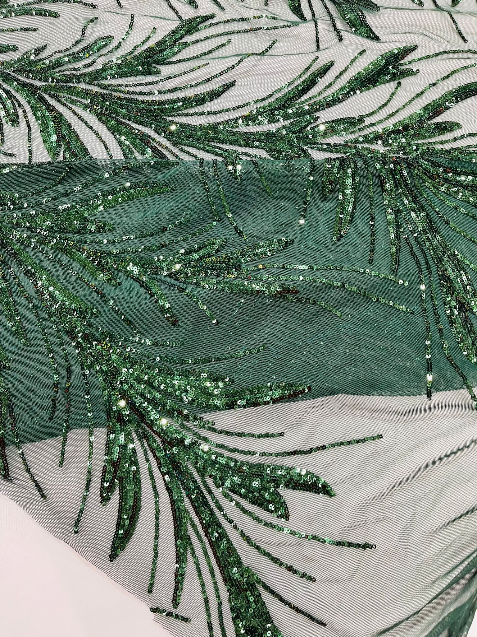 Feather Wing Shiny Sequin Design on a 4 Way Stretch mesh Fabric-Prom-Sold by The Yard.