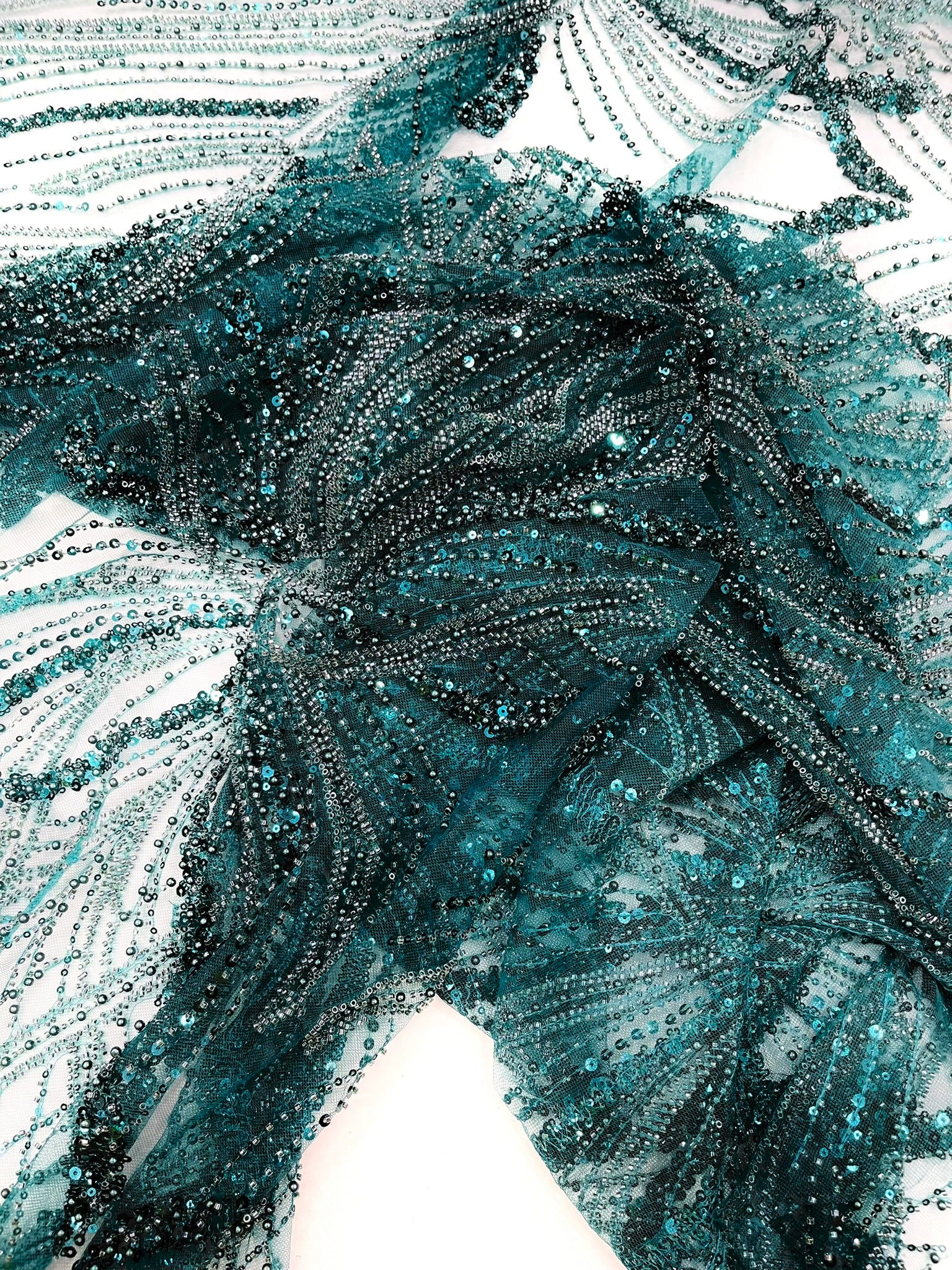 Palm Beaded Lace Fabric, Heavy Embroidered Design on 58" Mesh for Dresses