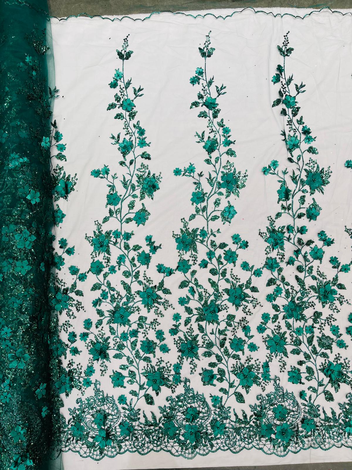 Princess Glitter 3d floral design embroidery with pearls in a mesh lace-sold by the yard.