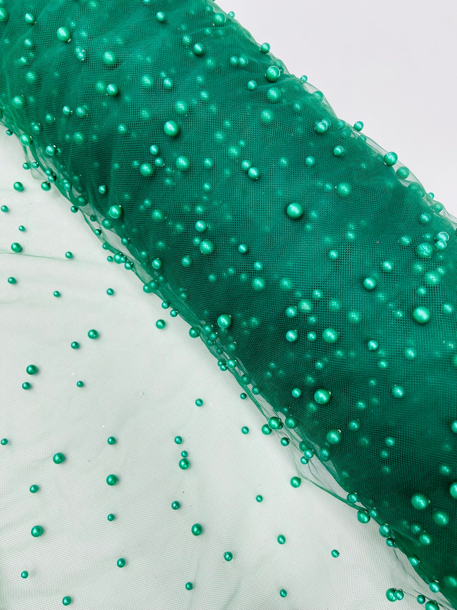 Scattered Pearls Studded Mesh, 2-Way Stretch, Sold by the yard.