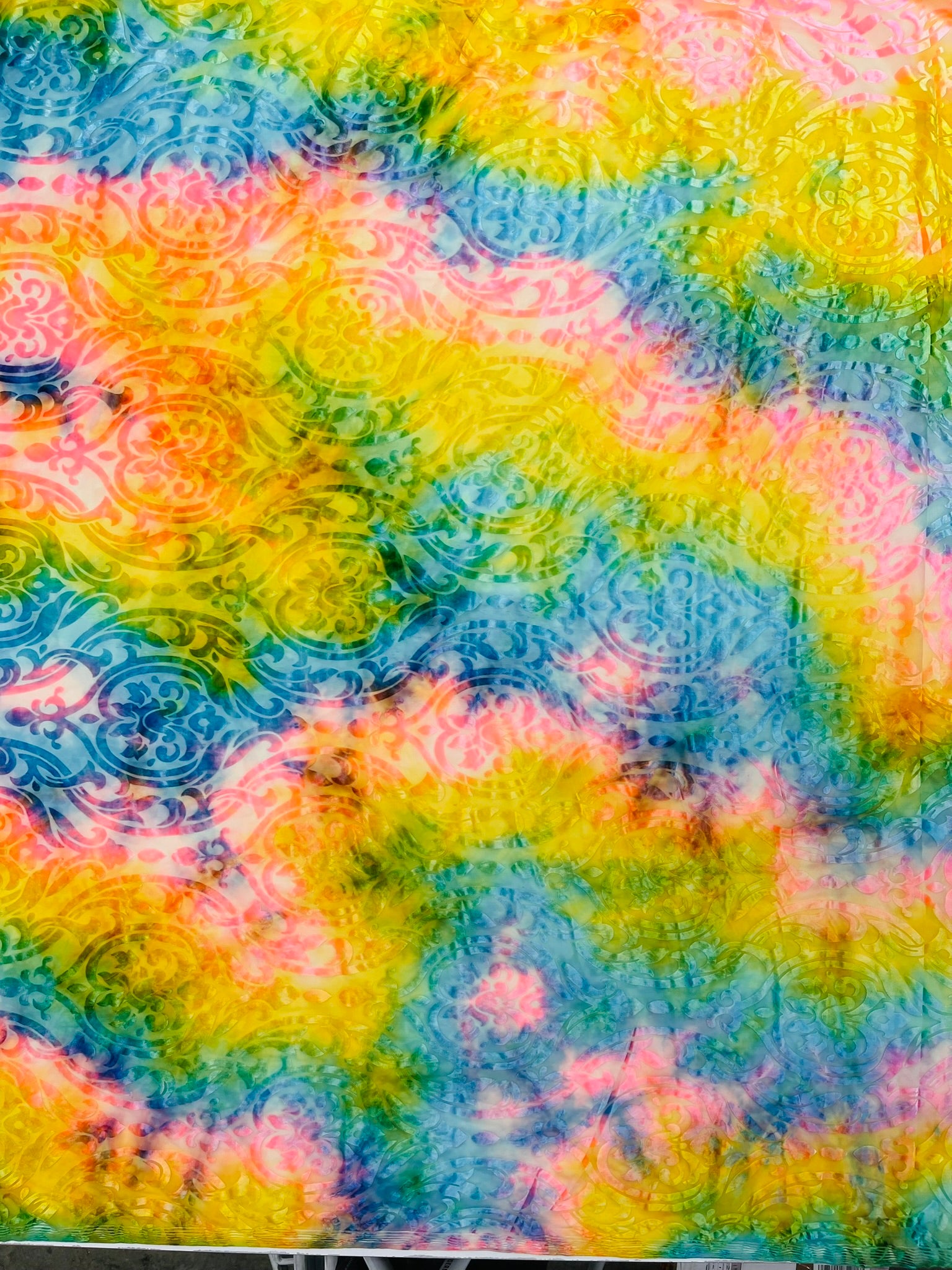 Multicolor 58" Wide Tie Dye Damask Print Burnout Stretch Velvet Fabric by The Yard.