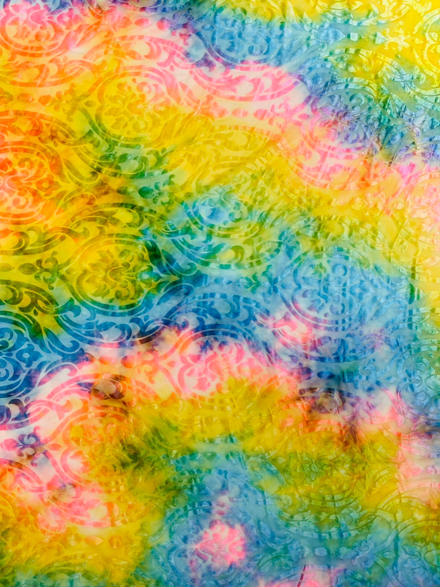 Multicolor 58" Wide Tie Dye Damask Print Burnout Stretch Velvet Fabric by The Yard.