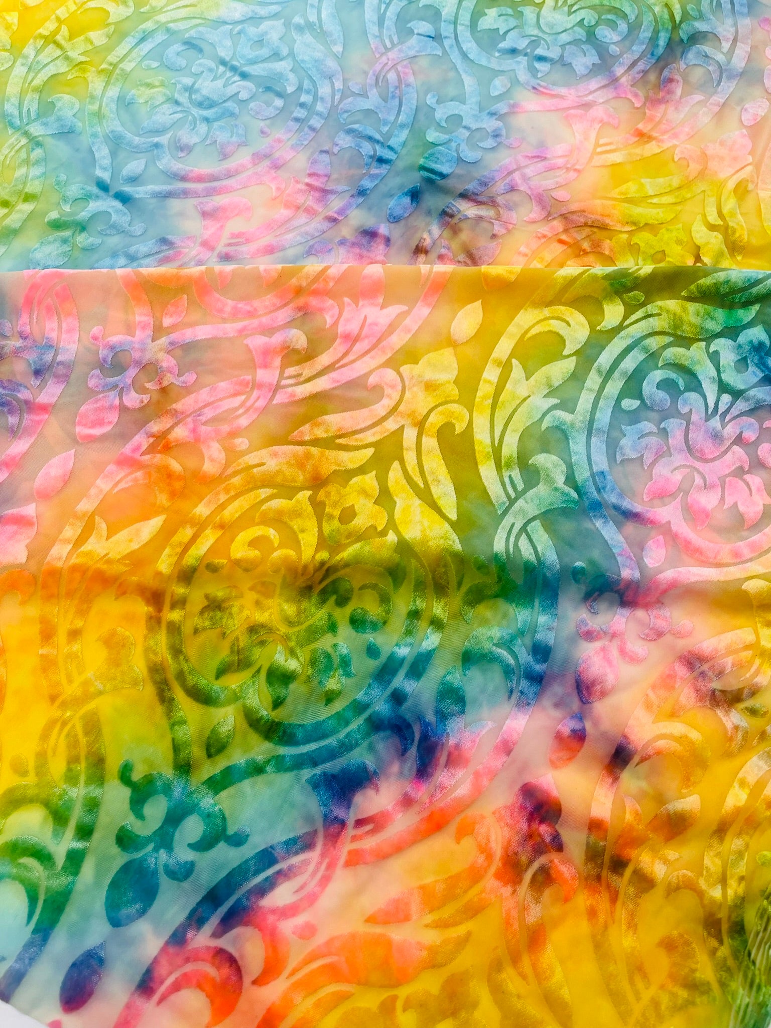 Multicolor 58" Wide Tie Dye Damask Print Burnout Stretch Velvet Fabric by The Yard.