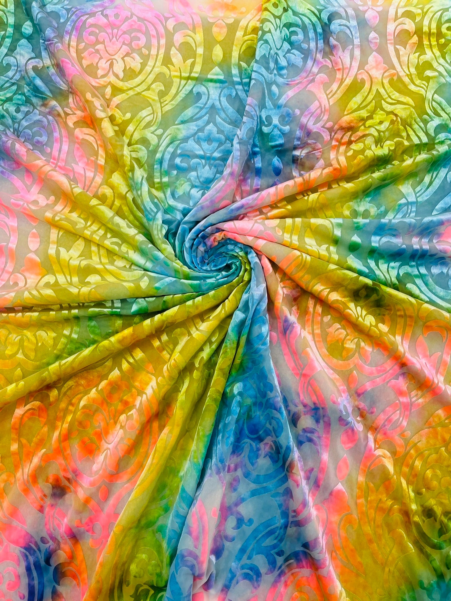 Multicolor 58" Wide Tie Dye Damask Print Burnout Stretch Velvet Fabric by The Yard.