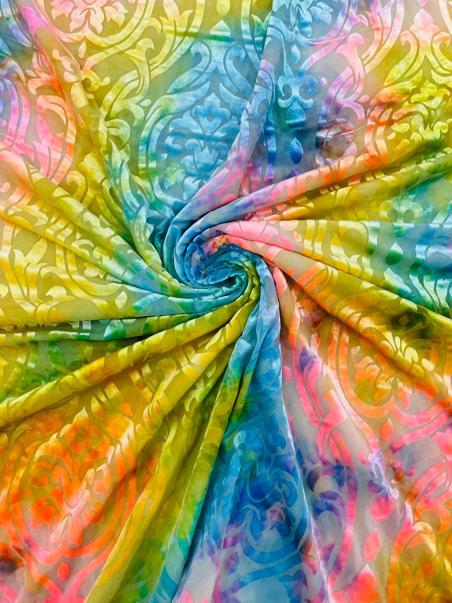 Multicolor 58" Wide Tie Dye Damask Print Burnout Stretch Velvet Fabric by The Yard.