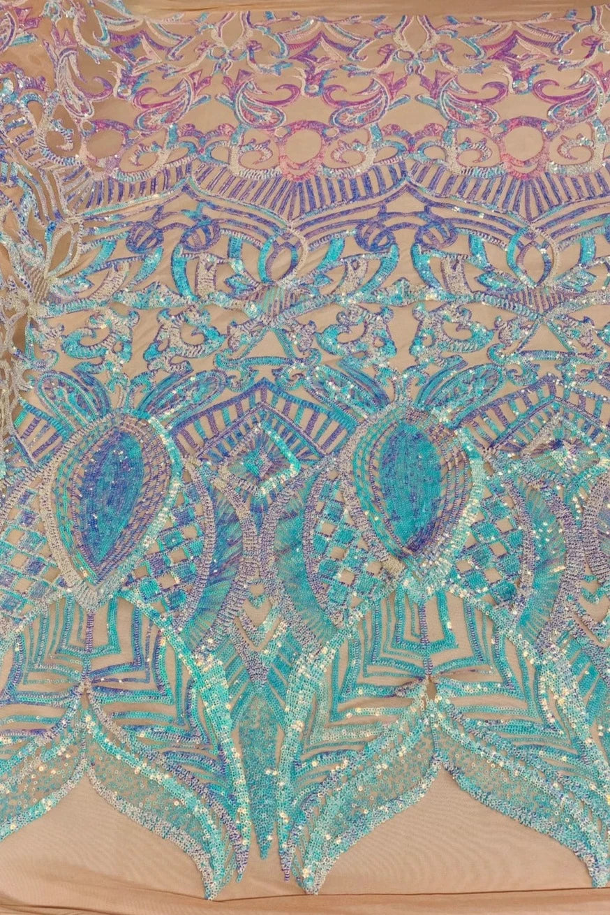 Royalty Damask Sequins Fabric - Iridescent Aqua - Fancy Royal Lace Design 4 Way Stretch Sequins By Yard