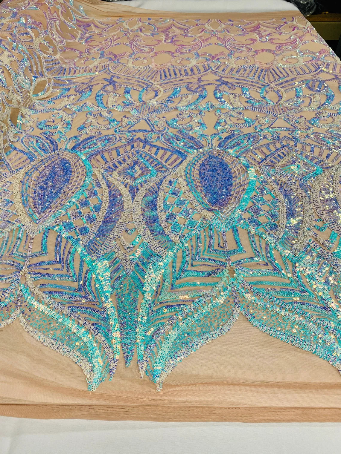 Royalty Damask Sequins Fabric - Iridescent Aqua - Fancy Royal Lace Design 4 Way Stretch Sequins By Yard