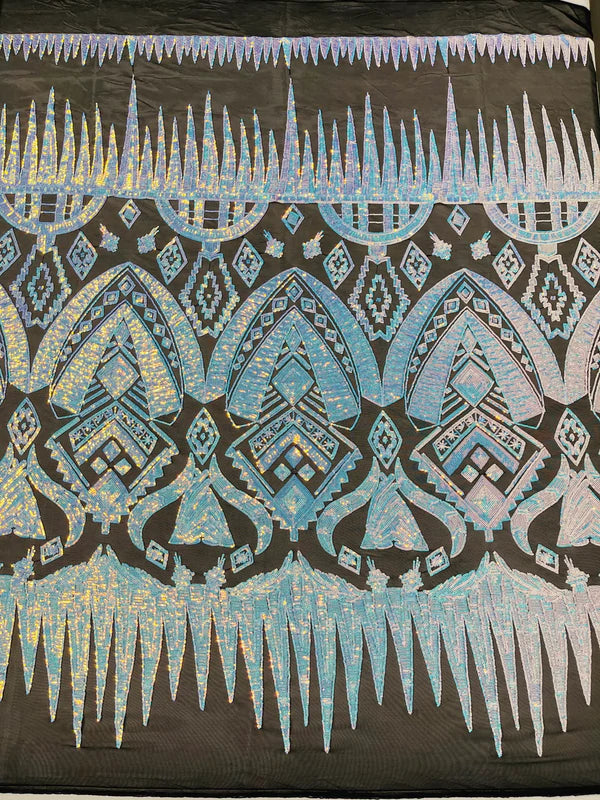 Aztec Geometric Sequins - Iridescent Aqua Blue - 4 Way Stretch Geometric Tribal Pattern Design Sequins By Yard