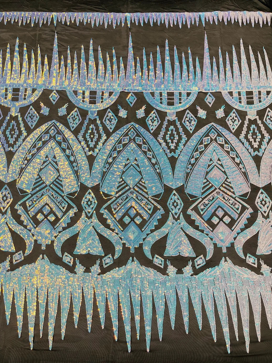 Aztec Geometric Sequins - Iridescent Aqua Blue - 4 Way Stretch Geometric Tribal Pattern Design Sequins By Yard