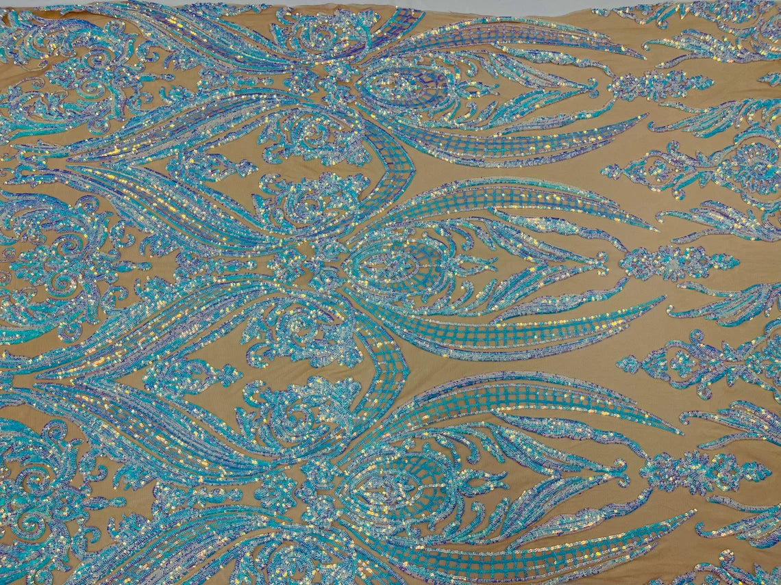 Big Damask 4 Way Sequins - Iridescent Aqua Blue on Dark Nude - Embroidered Damask Design Sequins Fabric Sold By Yard