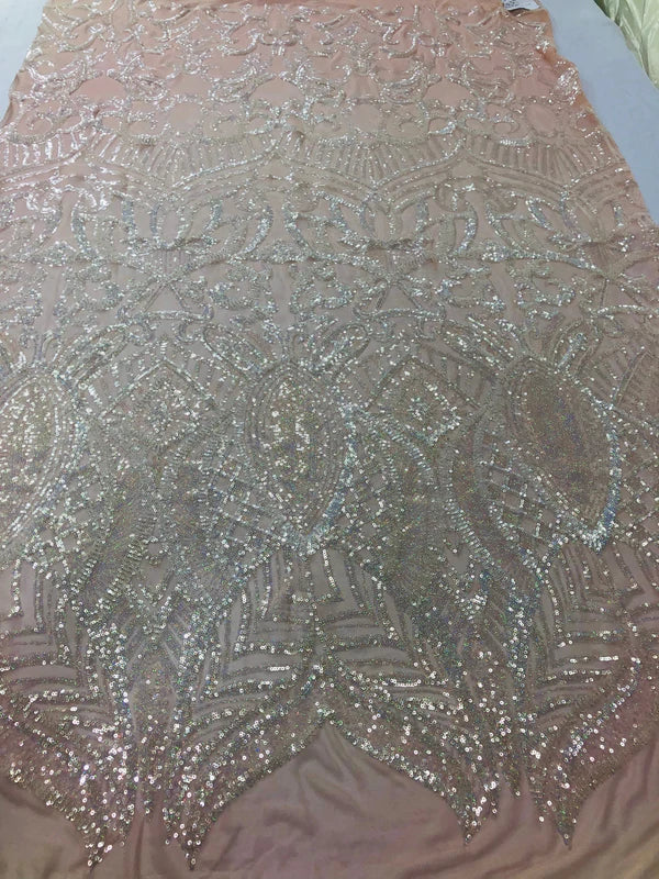 Royalty Damask Sequins Fabric - Iridescent Clear - Fancy Royal Lace Design 4 Way Stretch Sequins By Yard